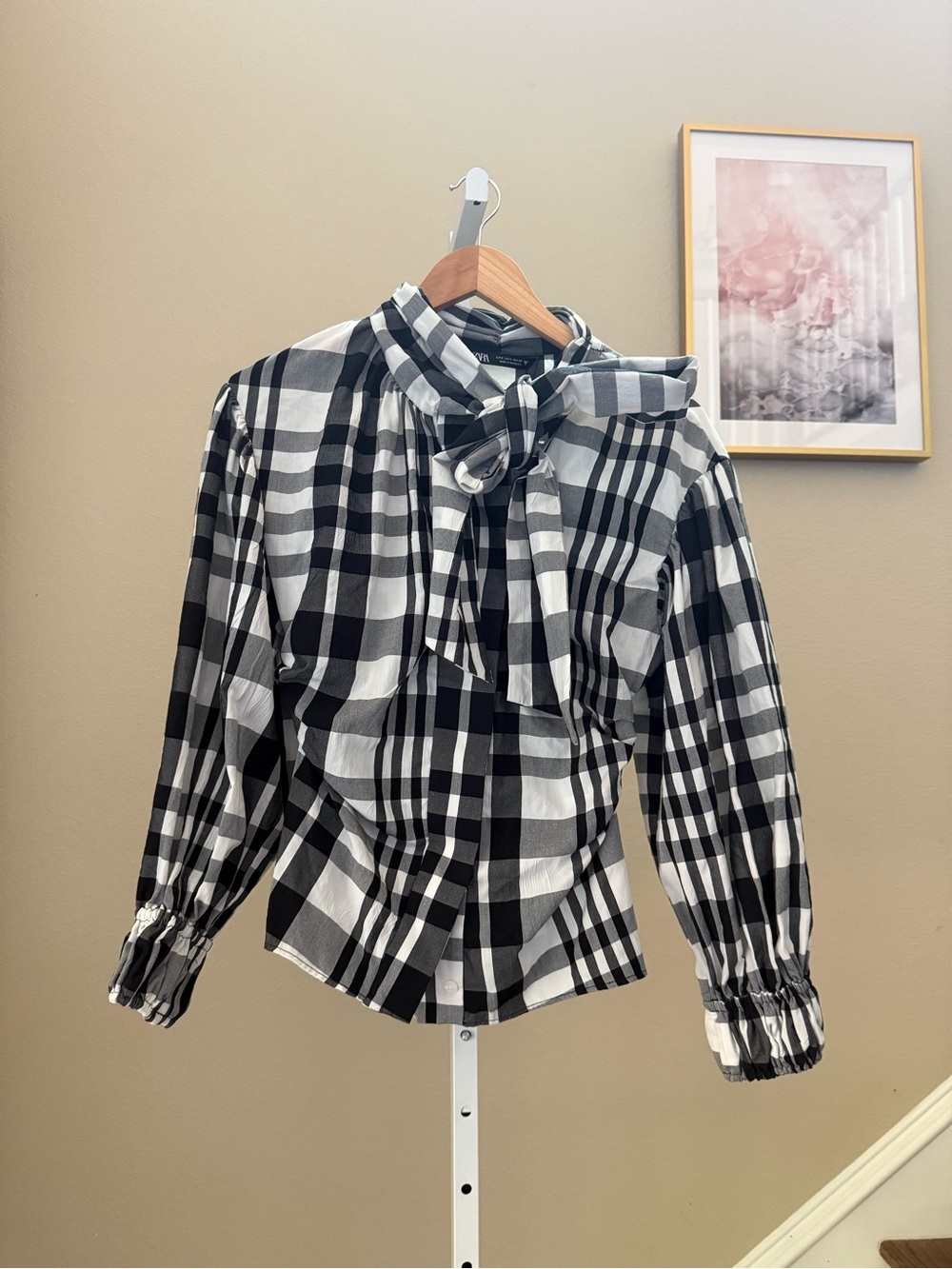Zara Black & White Plaid Blouse NWT
